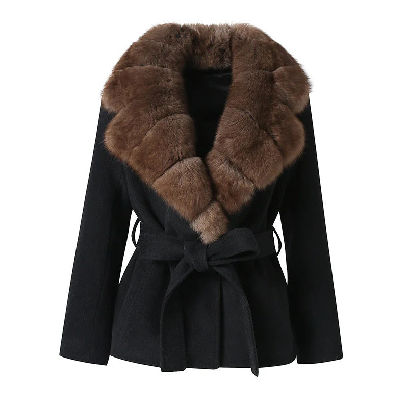 Aubrée Wool Coat with brown fox fur collar – Maison Aurélia