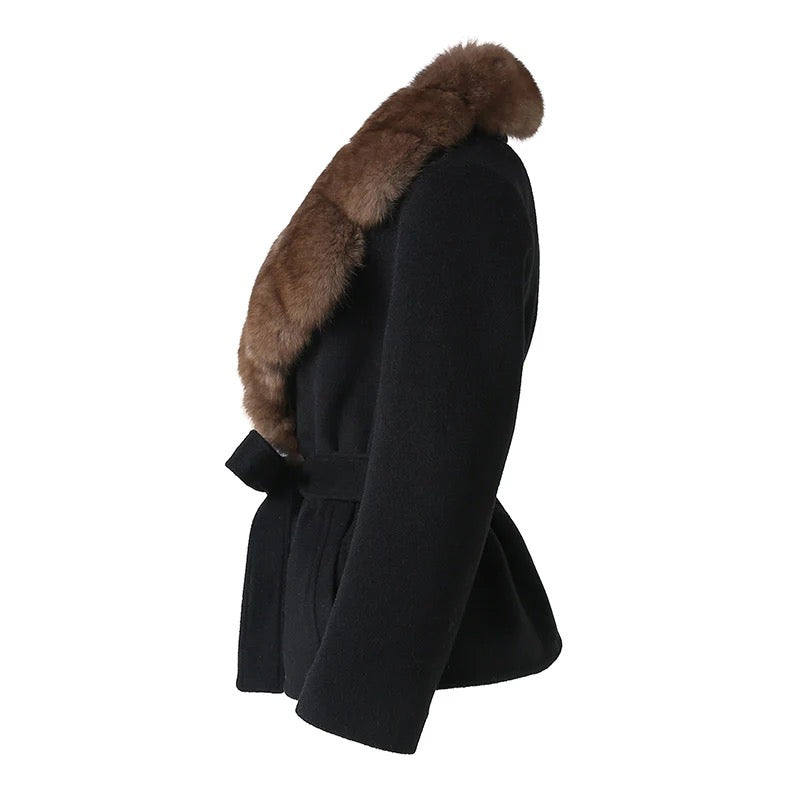 Aubrée Wool Coat with brown fox fur collar – Maison Aurélia