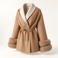 Amara camel wrap coat with ivory lapels and fur cuffs, three-quarter studio view