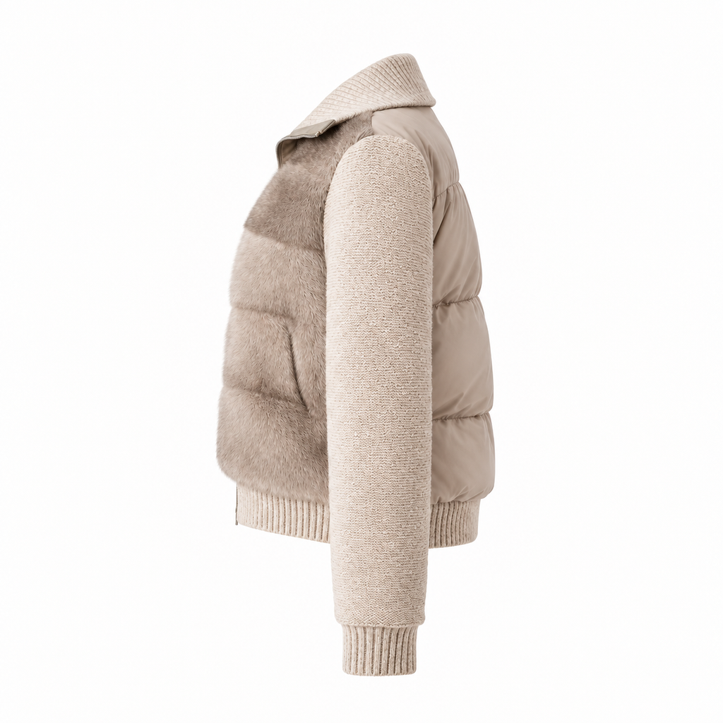 Armonia cream and taupe fur-knit jacket, side profile