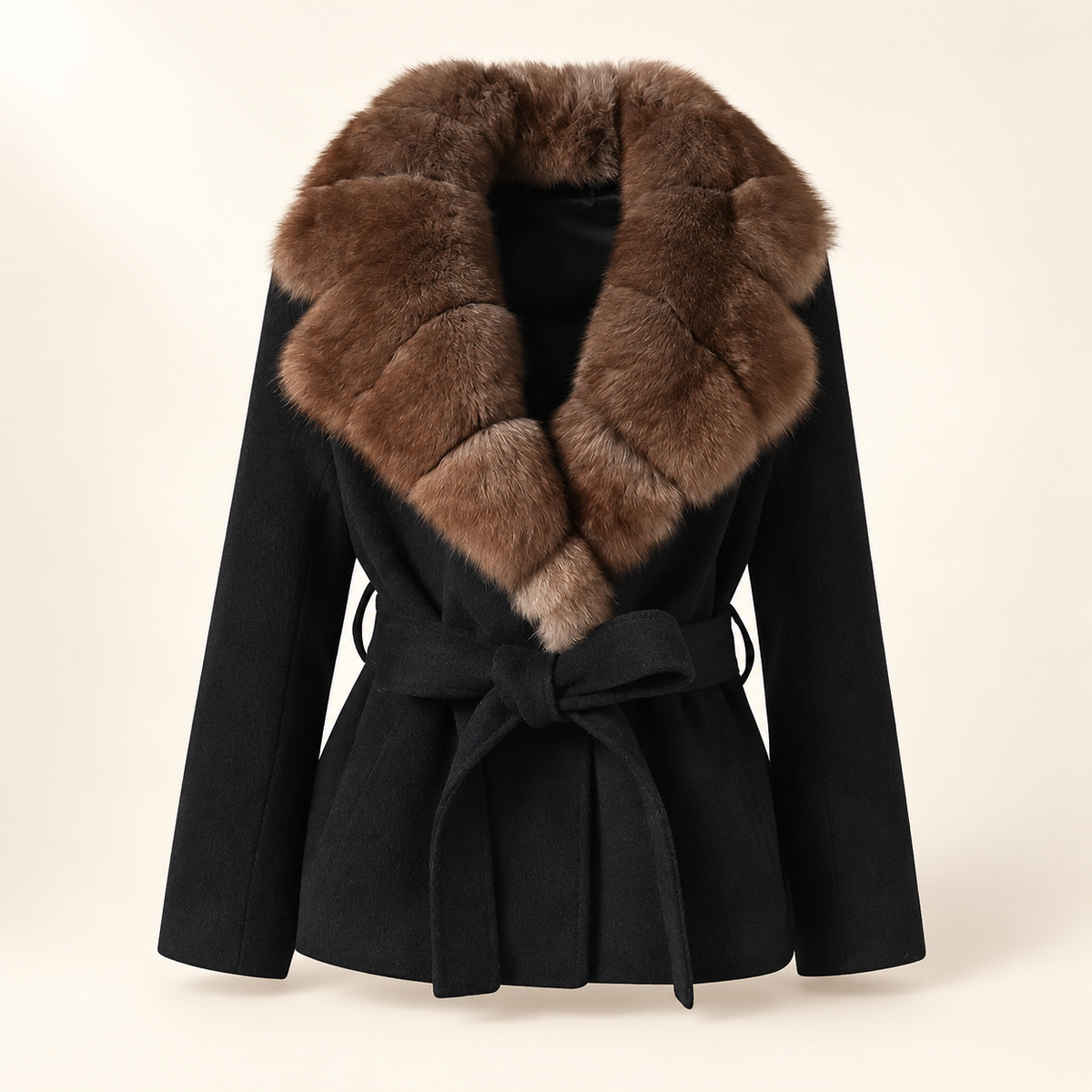 Aubrée black coat with brown fur collar, front view