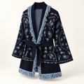 Aurore navy patterned wrap cardigan with pale blue fringe, three-quarter studio view