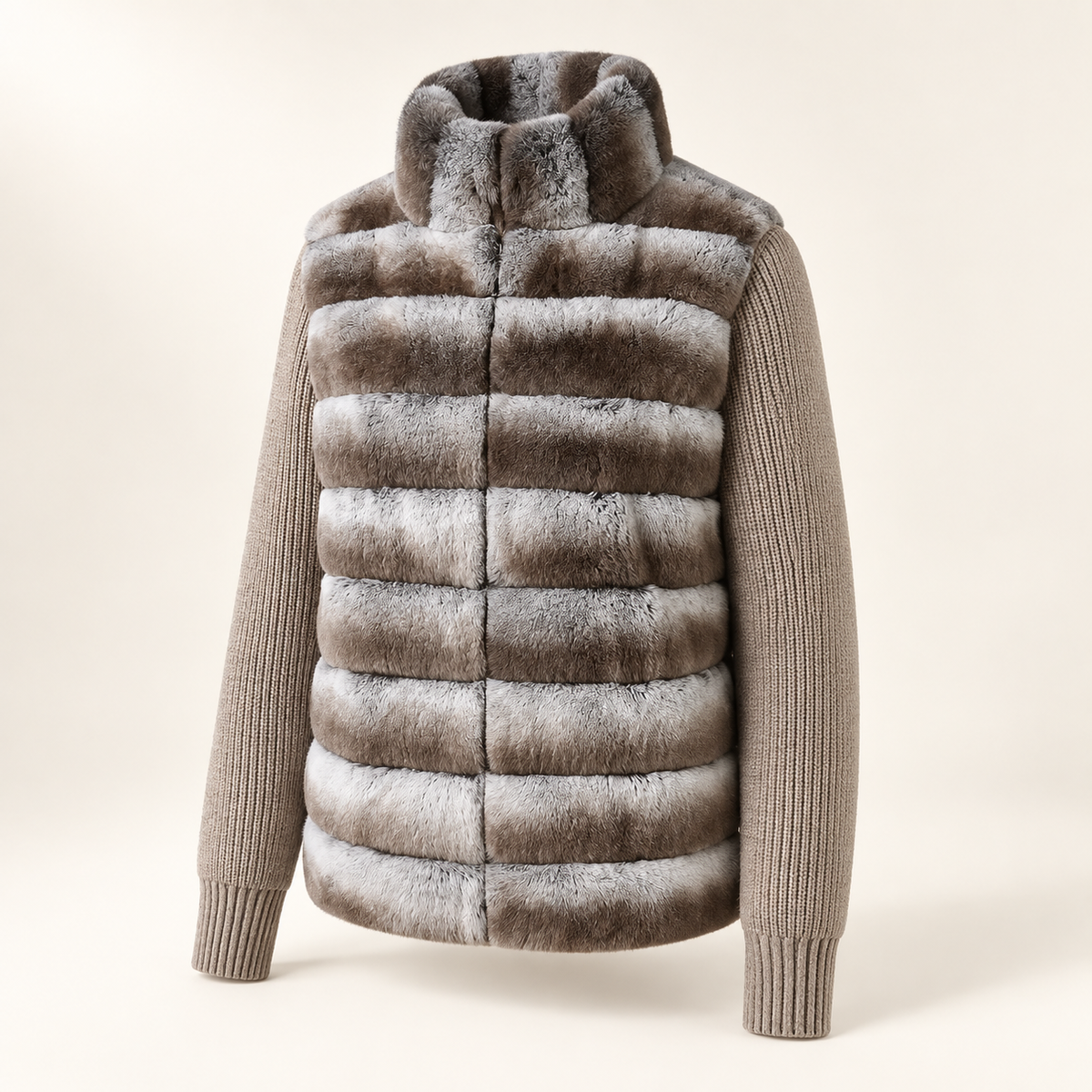 Avoine oatmeal fur-and-knit bomber jacket, three-quarter studio view