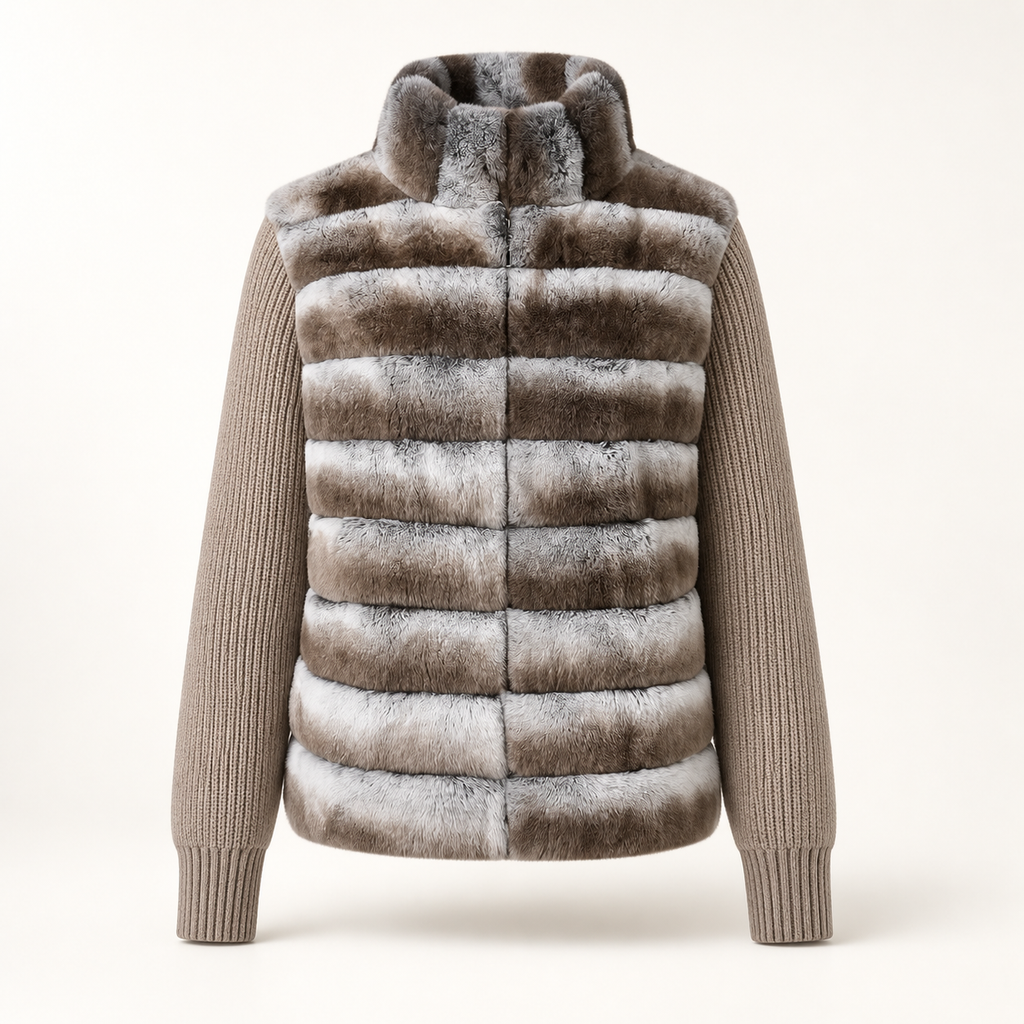 Avoine oatmeal fur-and-knit bomber jacket, straight front view