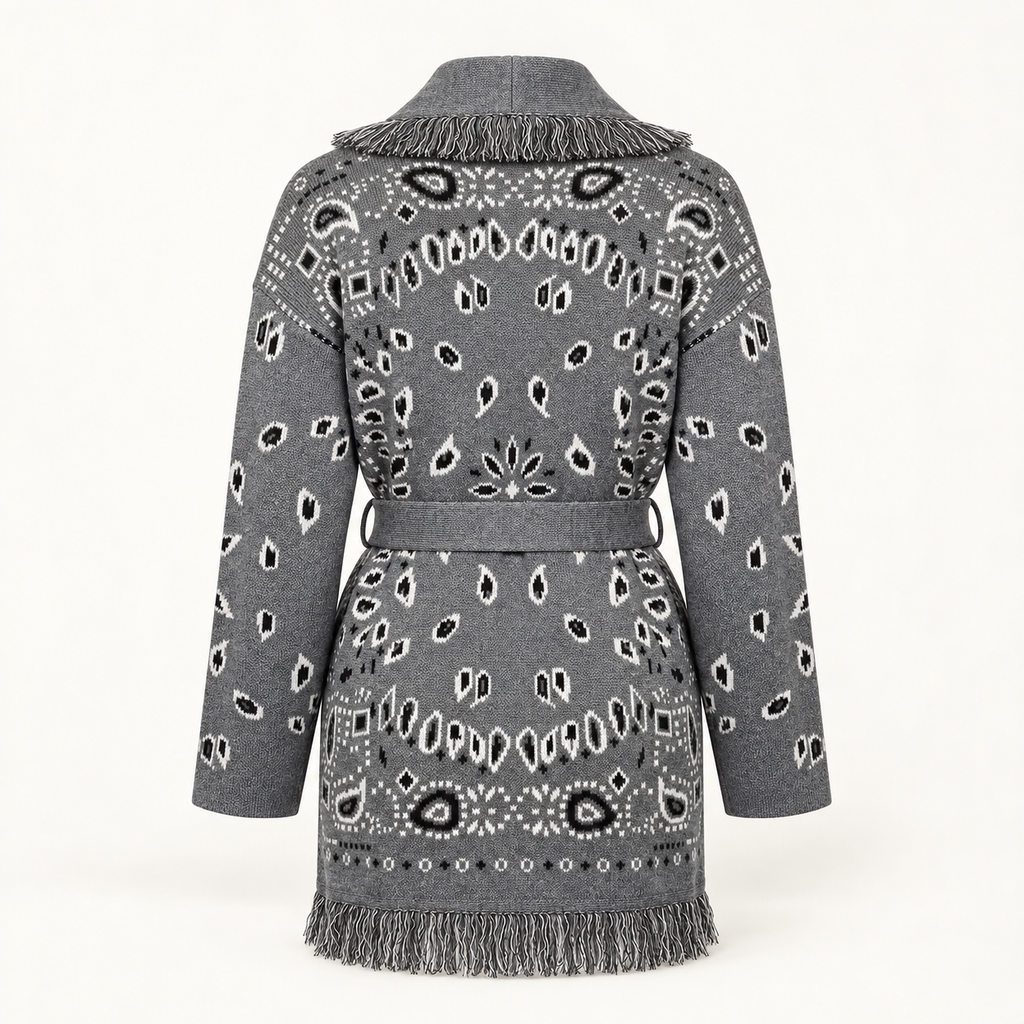 Bohème grey and ivory knit wool coat, back view