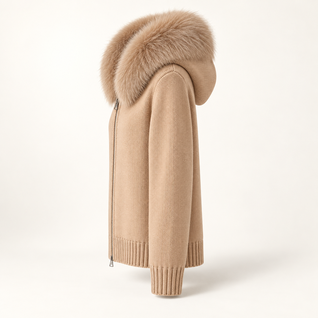 Camélia beige knit hoodie with tonal fur-trimmed hood, side view