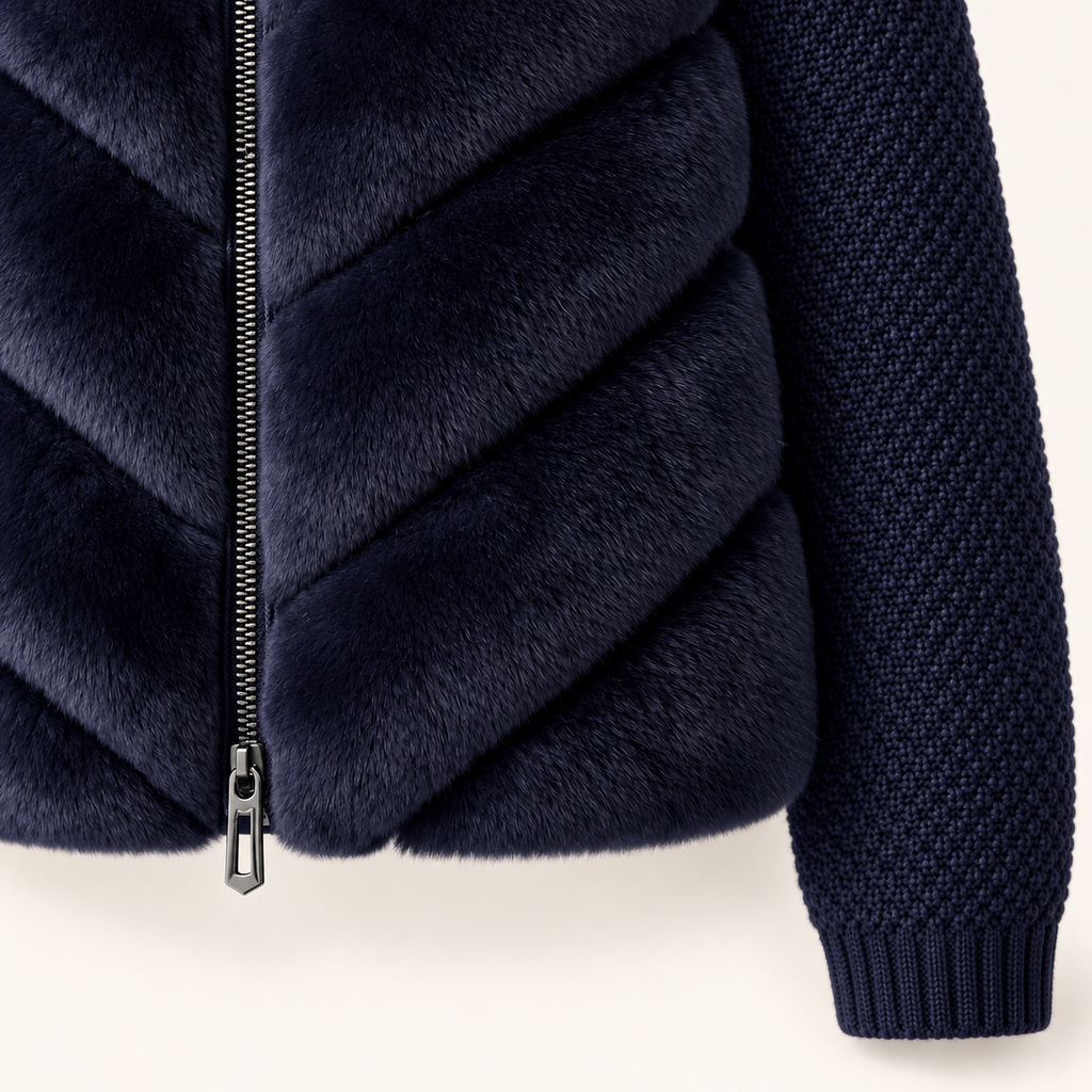 Celeste black knit fur jacket, fur collar and chevron detail