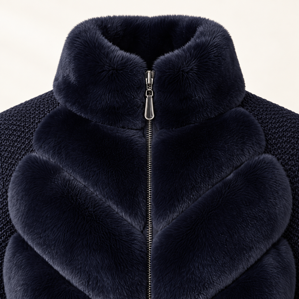 Celeste black knit fur jacket, collar detail