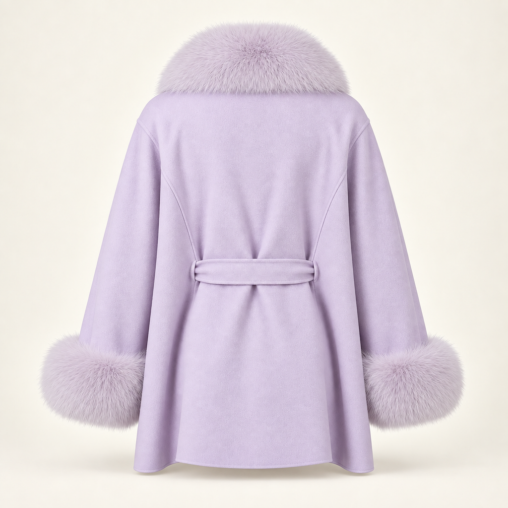 Lilas lilac wool coat with fox-fur collar and cuffs — straight back