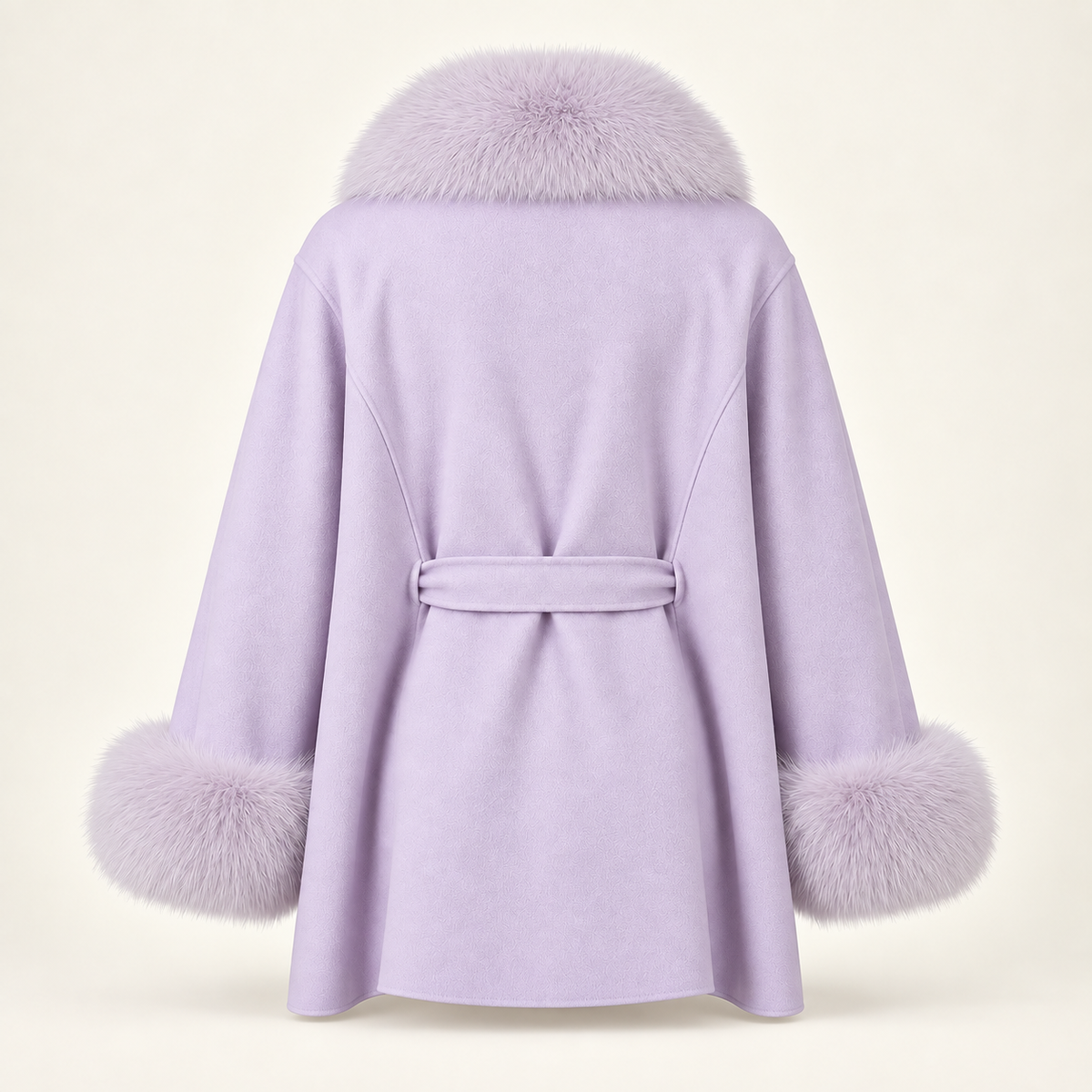 Lilas lilac wool coat with fox-fur collar and cuffs — straight back