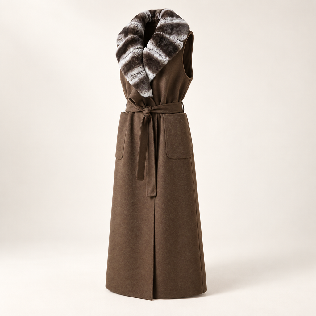 Isolde brown sleeveless long vest, three-quarter front view