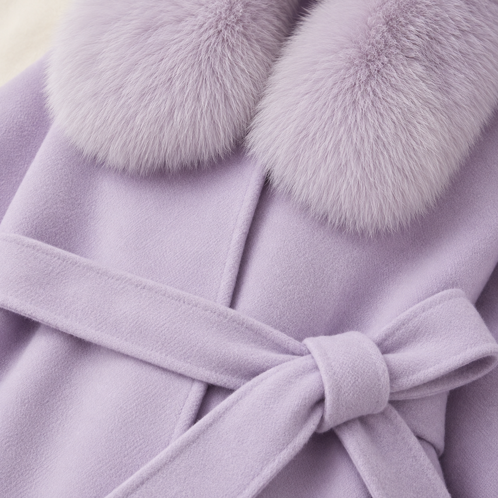 Close-up of Lilas lilac wool coat collar, cuff, belt and wool texture
