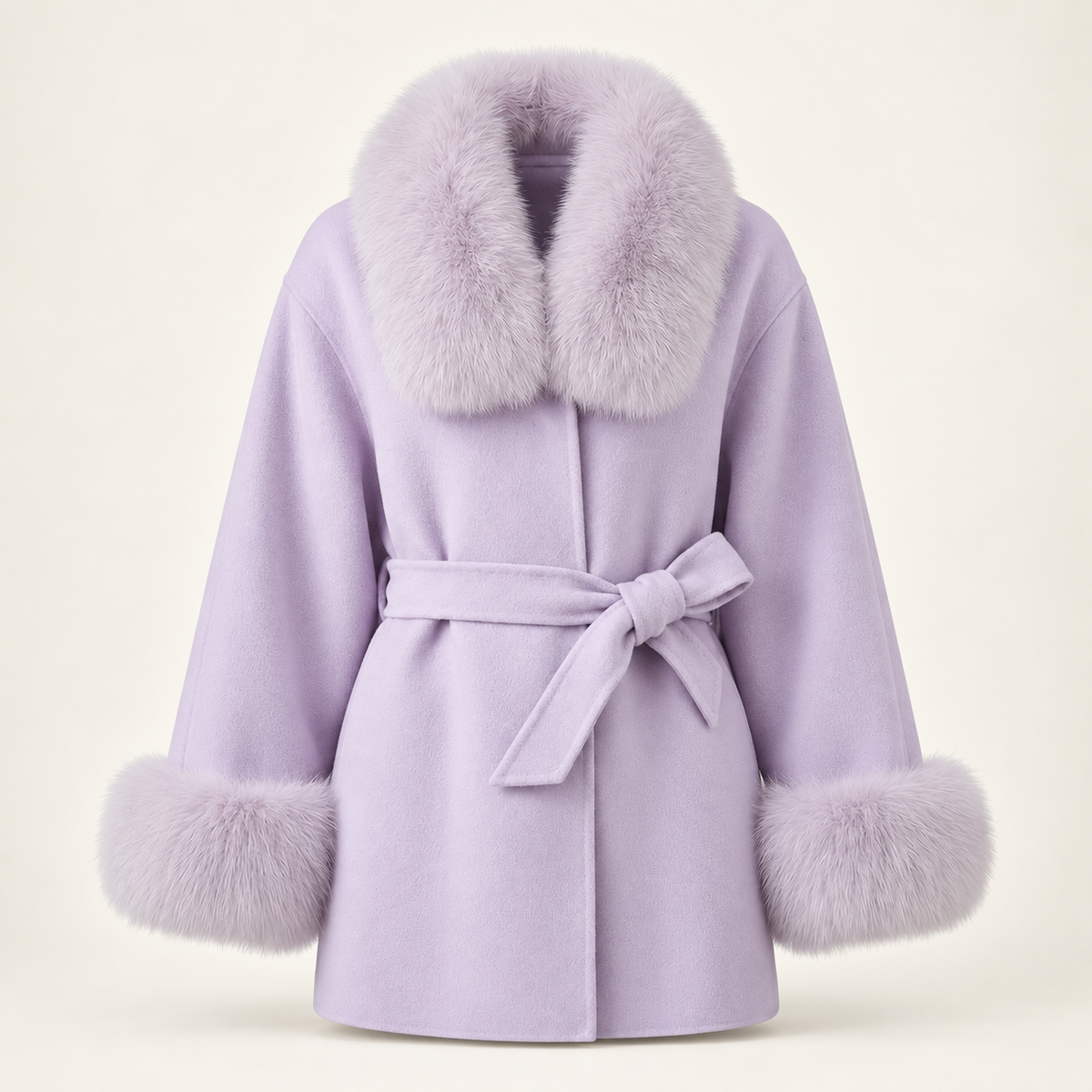 Lilas lilac wool coat with fox-fur collar and cuffs, straight front view