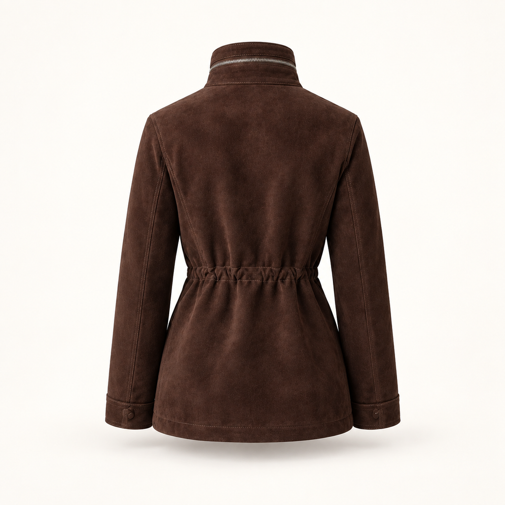 Margaux dark brown suede jacket, straight back view