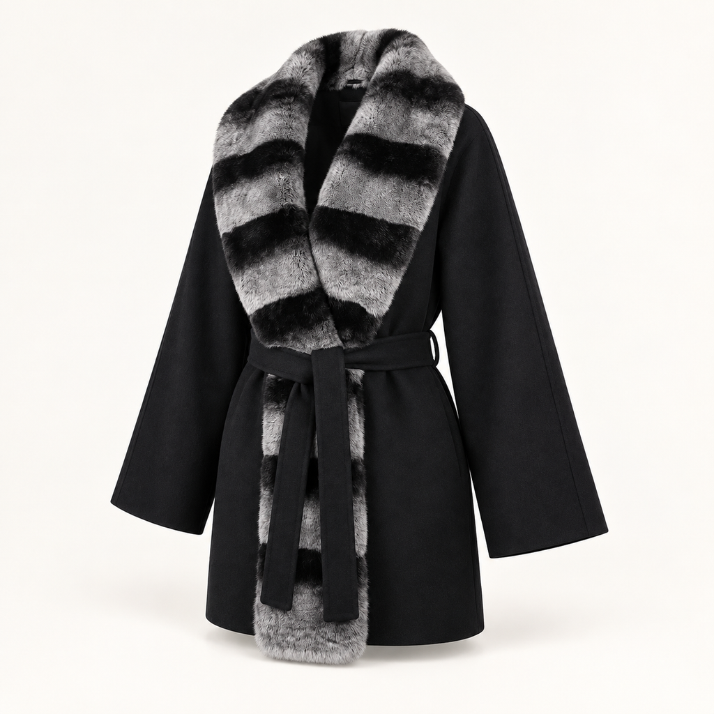 Nocturne black wrap coat with striped fur trim, three-quarter studio view