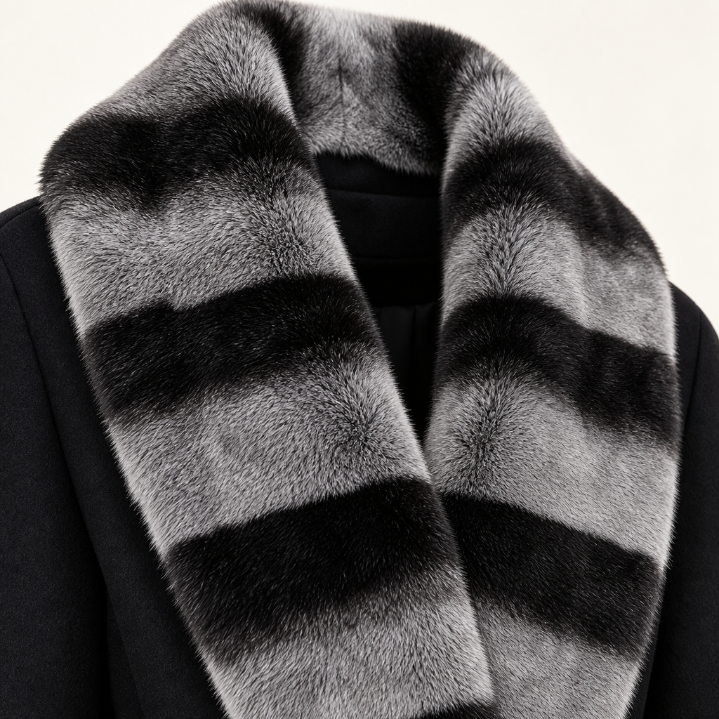 Close-up of Nocturne striped fur collar and smooth black coat fabric