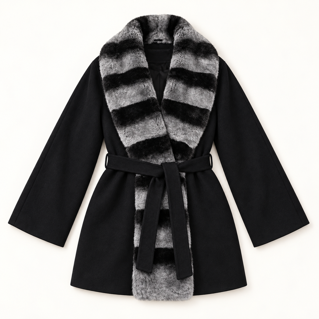 Nocturne black wrap coat with striped fur trim, top-down flat lay