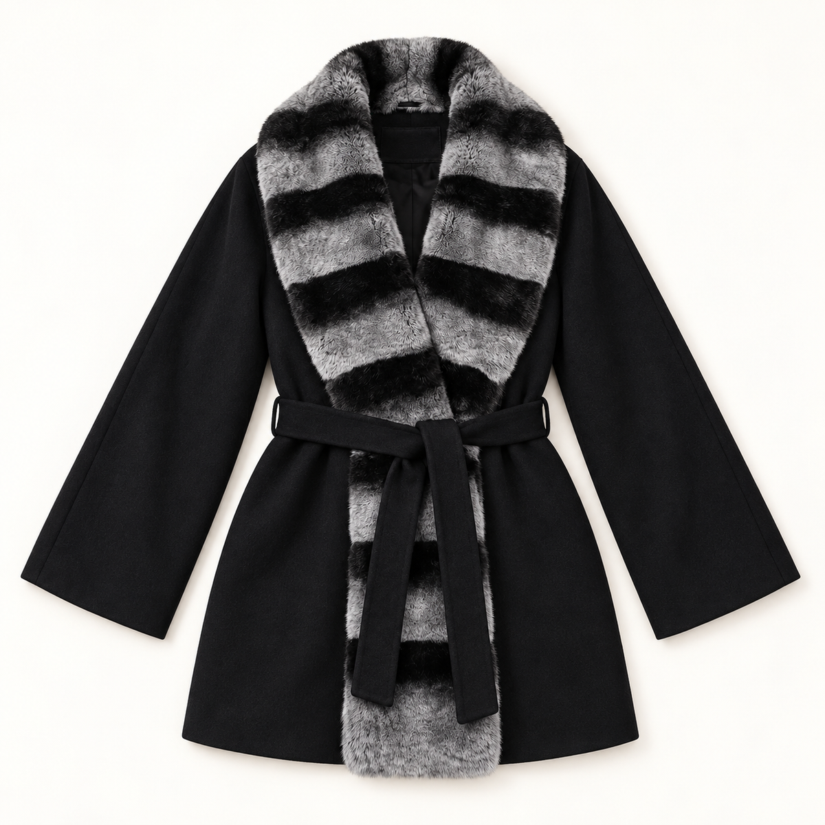 Nocturne black wrap coat with striped fur trim, top-down flat lay