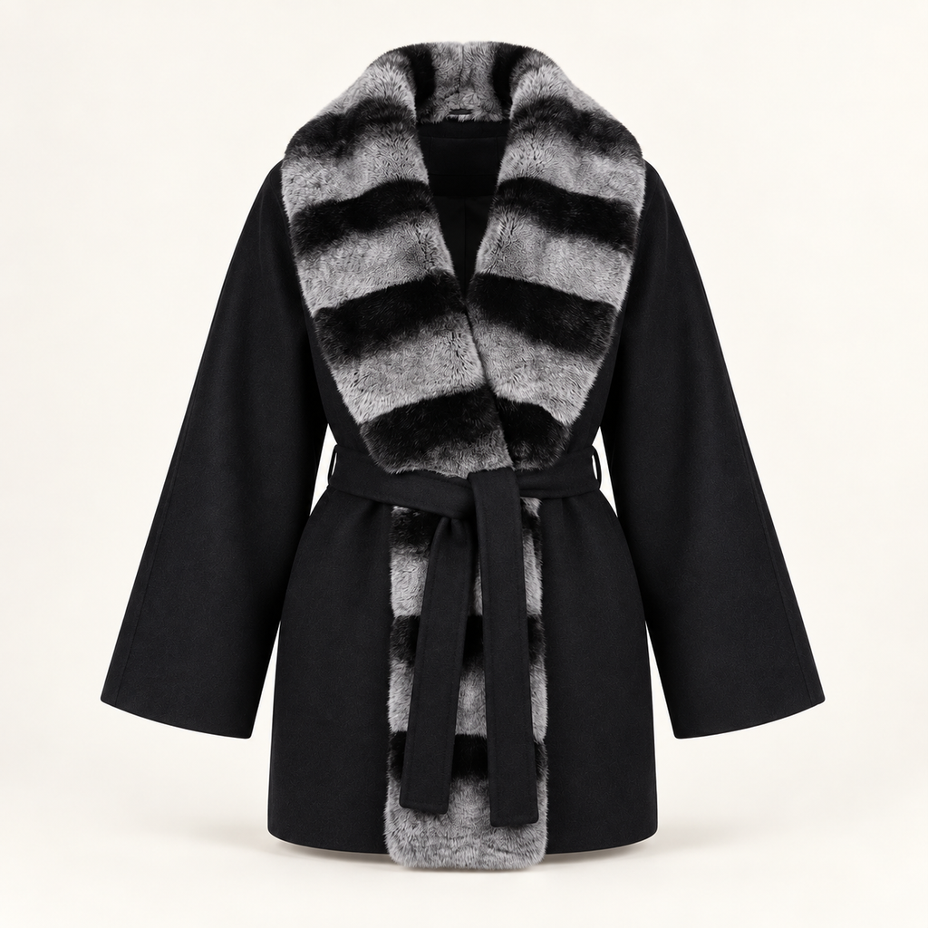 Nocturne black wrap coat with striped fur trim, straight front view