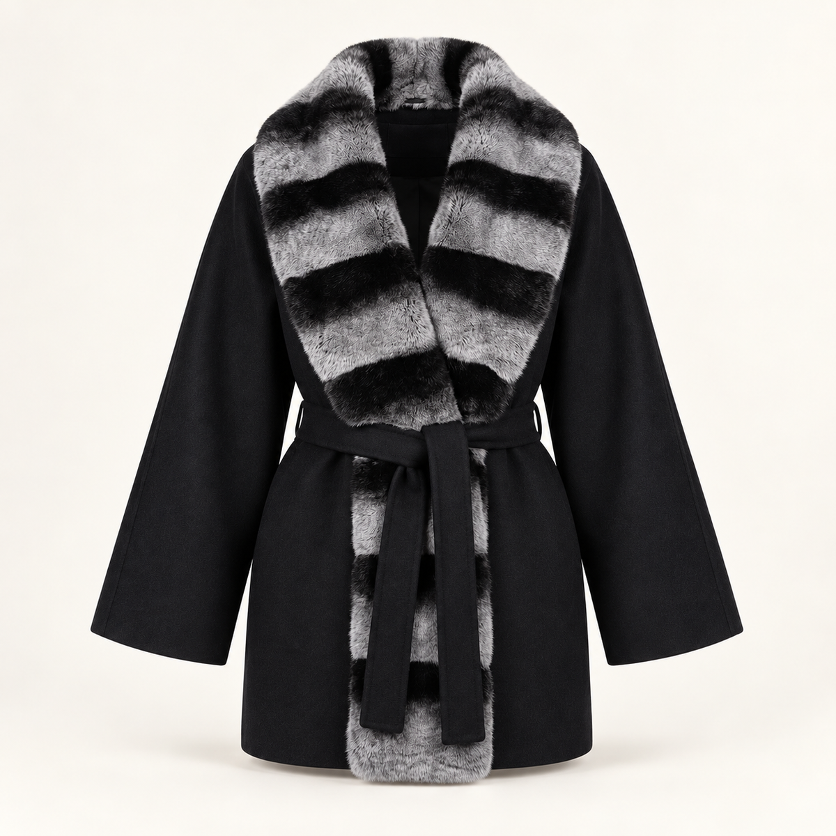 Nocturne black wrap coat with striped fur trim, straight front view
