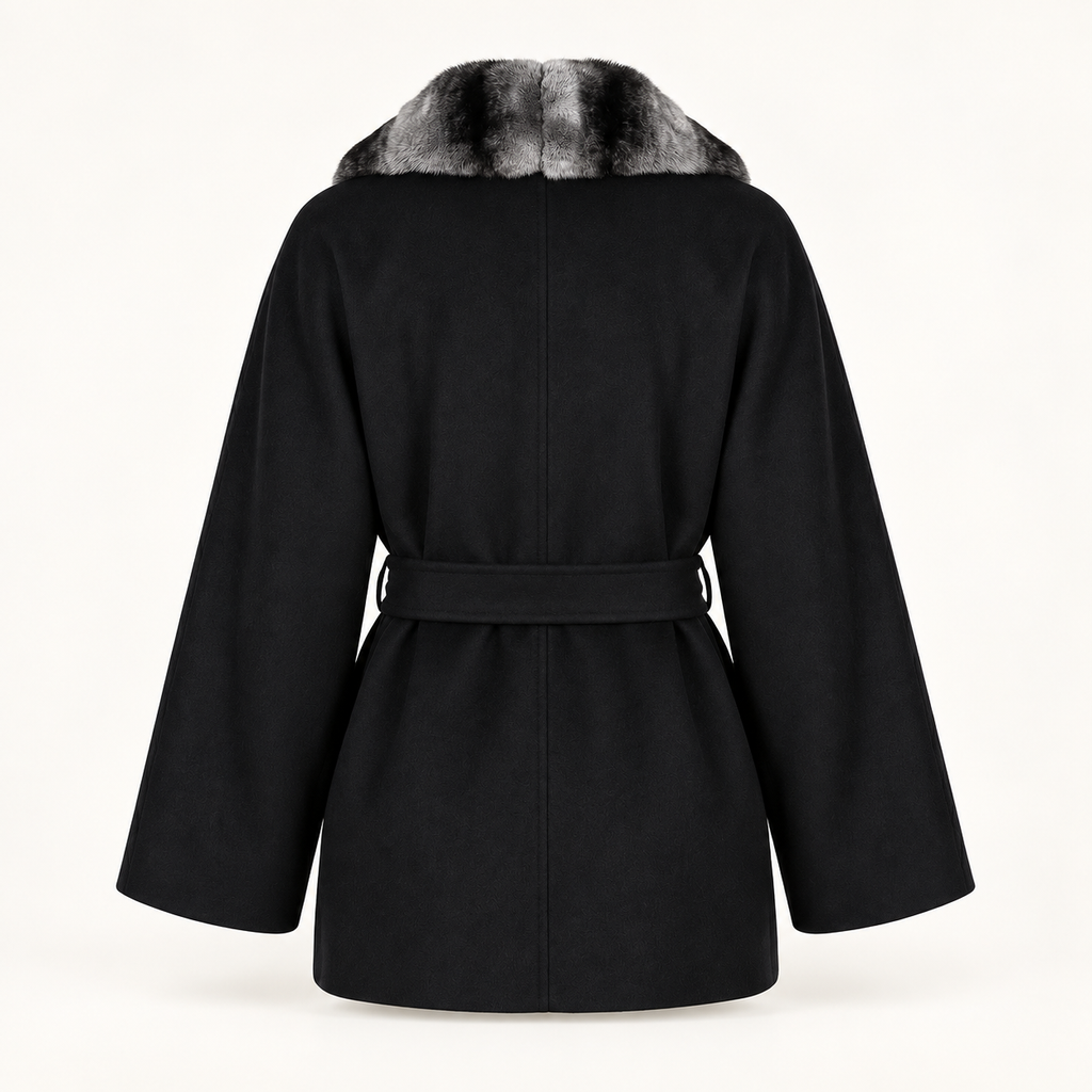 Nocturne black wrap coat, straight back view