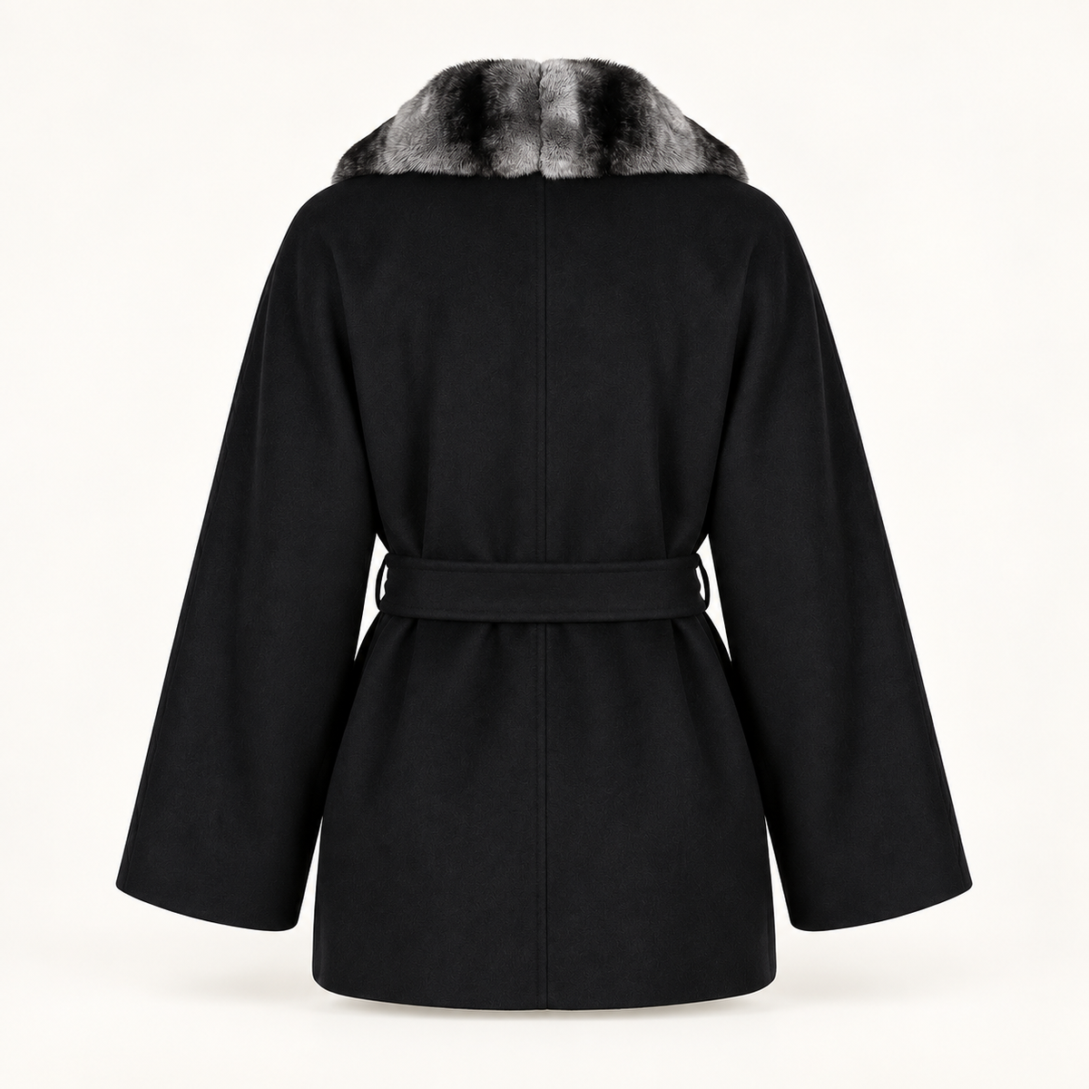 Nocturne black wrap coat, straight back view