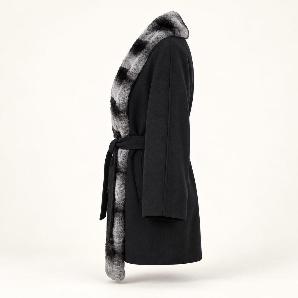 Nocturne black wrap coat with striped fur trim, side view