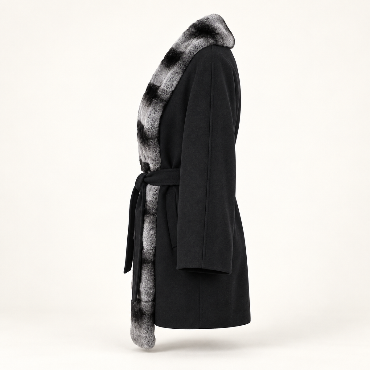 Nocturne black wrap coat with striped fur trim, side view