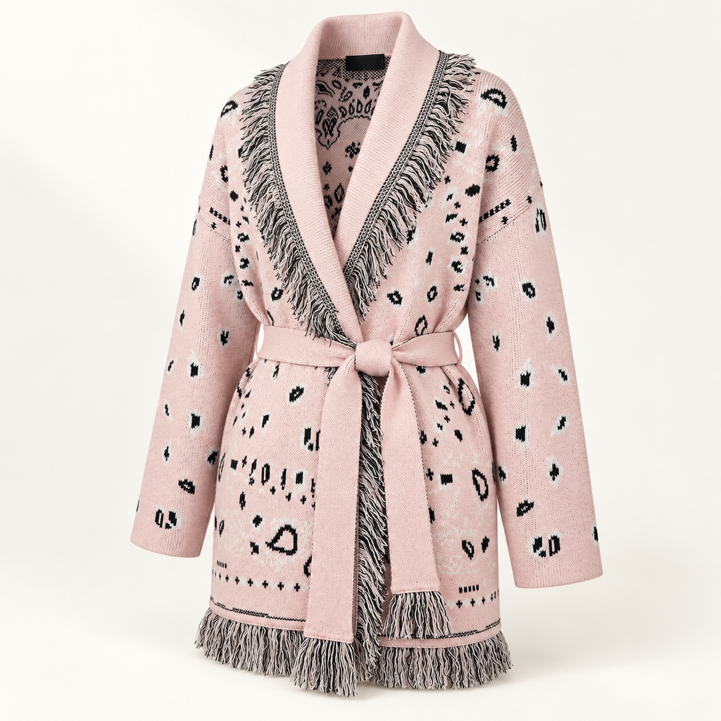 Pivoine blush pink patterned wrap cardigan, three-quarter front view
