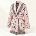 Pivoine blush pink patterned wrap cardigan, three-quarter front view