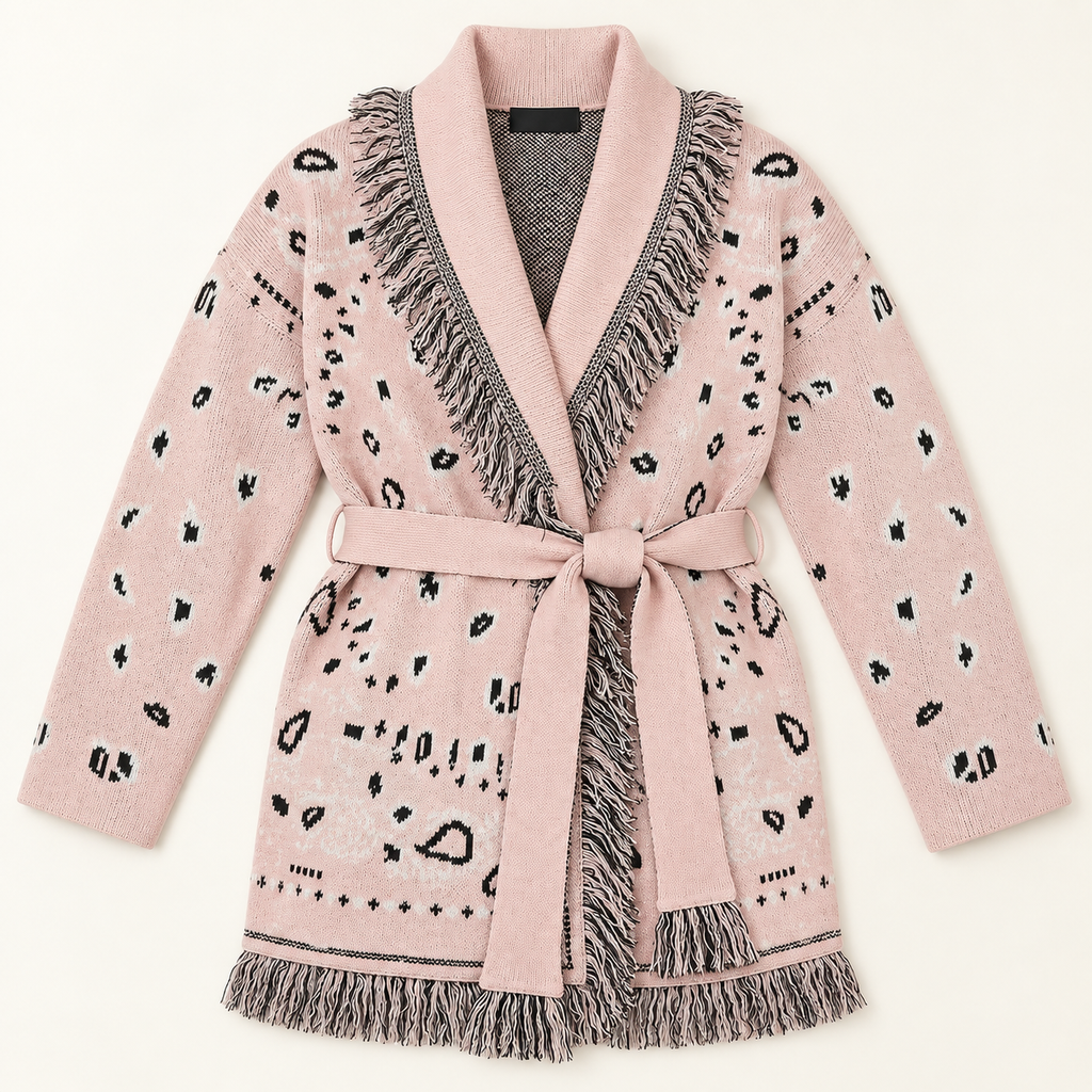 Pivoine blush pink patterned wrap cardigan, flat lay