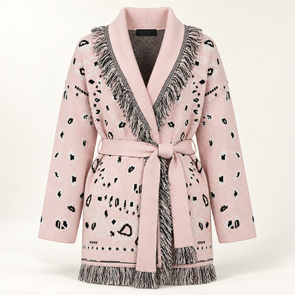 Pivoine blush pink patterned wrap cardigan, front view