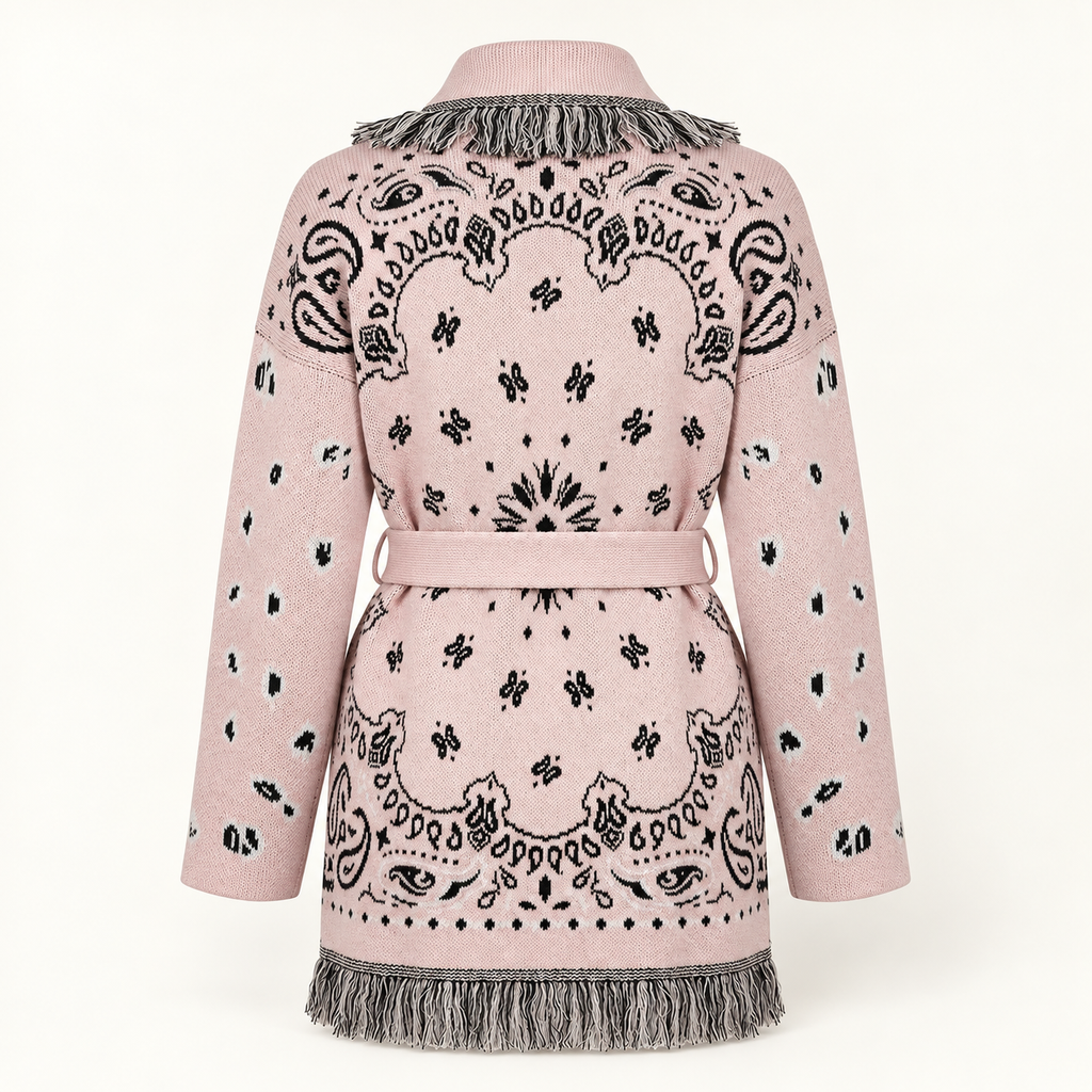Pivoine blush pink patterned wrap cardigan, back view