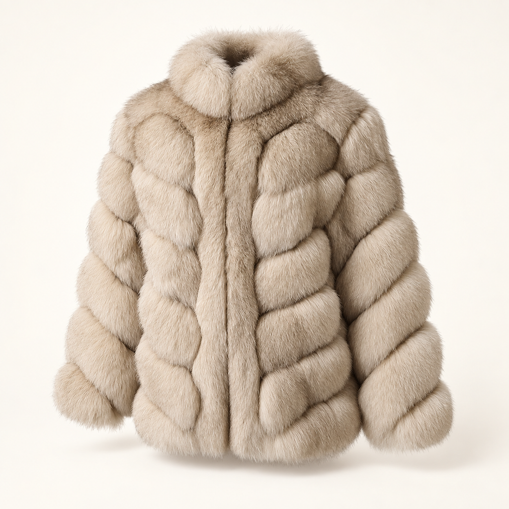 Valentina light taupe fur jacket, three-quarter front view