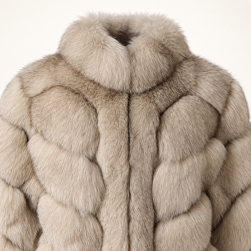 Valentina light taupe fur jacket, collar and panel detail