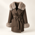 Vivienne taupe-brown belted wool coat with pale fur trim, three-quarter studio view